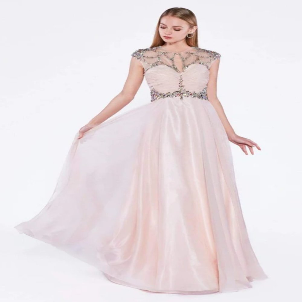 Cinderella Divine - 7959 Sheer Embellished Ruched High Neck Evening Dress- Blush